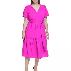 Dkny - Bright Pink Ruffled Wrap Midi Dress Size 16